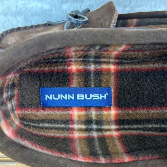 Nunn Bush Mens Size 10 Slippers Eddie Mocassin Brown Leather Faux Fur Plaid - Picture 13 of 14